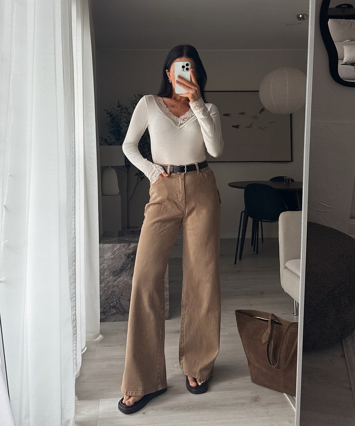Jeans Harbi in Camel - Wide-Leg in Denim-Optik, Farbe: Camel, Ansicht 1