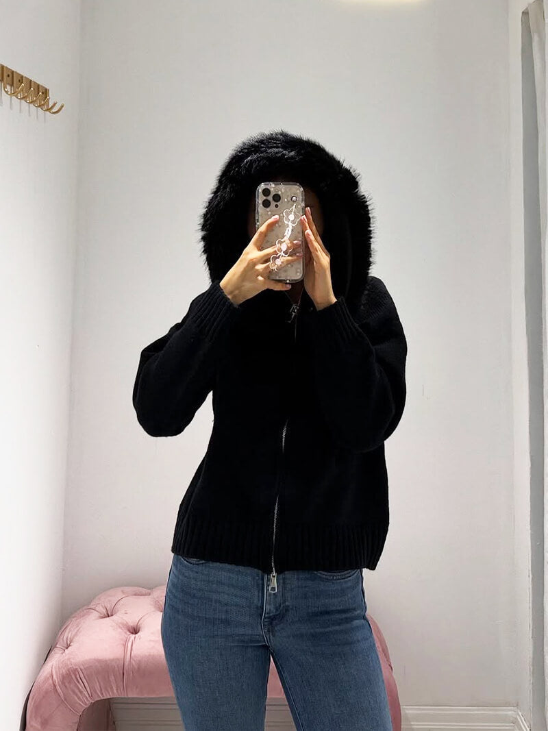 Strickjacke mit Kapuze und Kunstpelzbesatz, Farbe: Grau, Ansicht 7
