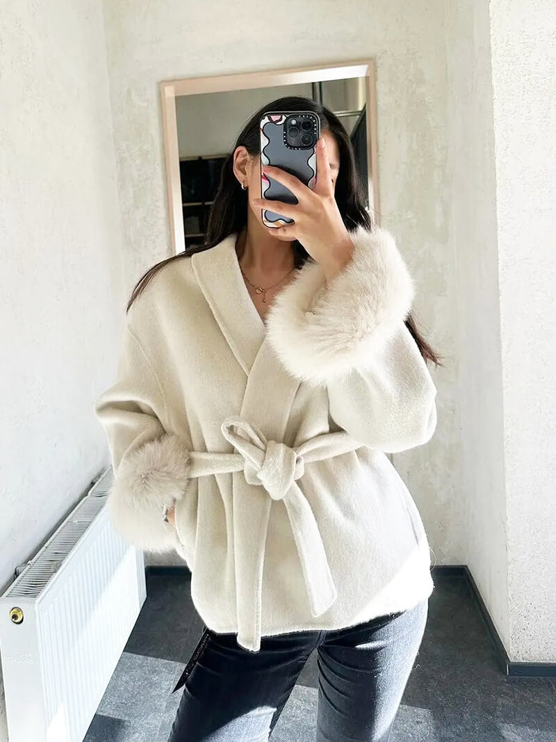 Kurzmantel mit Kunstfellbesatz, Farbe: Creme, Ansicht 7