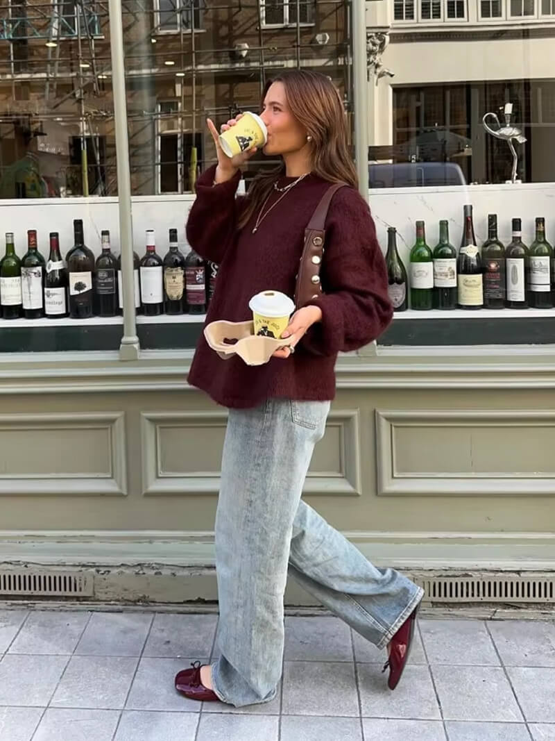 Warmer Strickpullover mit Rundhals, Farbe: Bordeaux, Ansicht 2