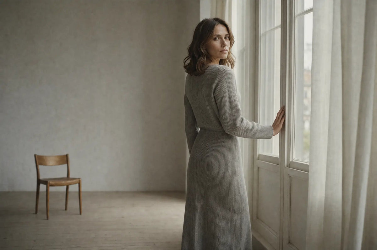 Frau in grauem Rippstrickkleid am Fenster eines ruhigen, hellen Raums