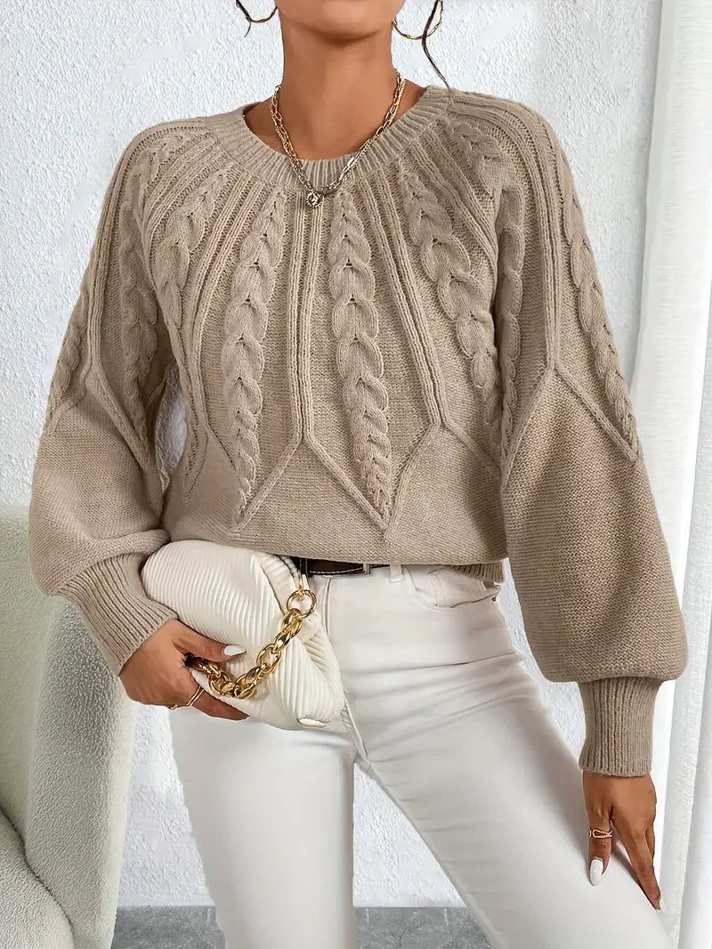 Zopfmuster-Pullover mit Rundhals, Farbe: Khaki, Ansicht 1