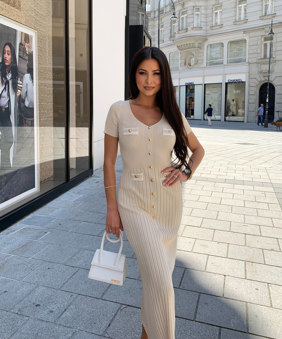 Kleid Augustina in Beige - A-Linie mit Knopfleiste, Farbe: Beige, Ansicht 3