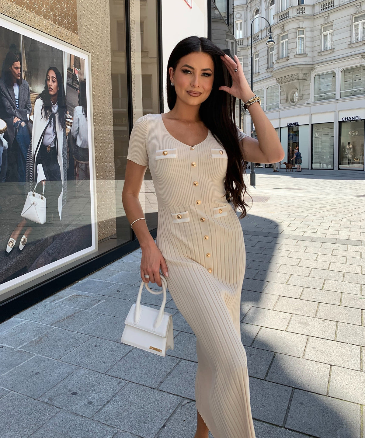Kleid Augustina in Beige - A-Linie mit Knopfleiste, Farbe: Beige, Ansicht 12