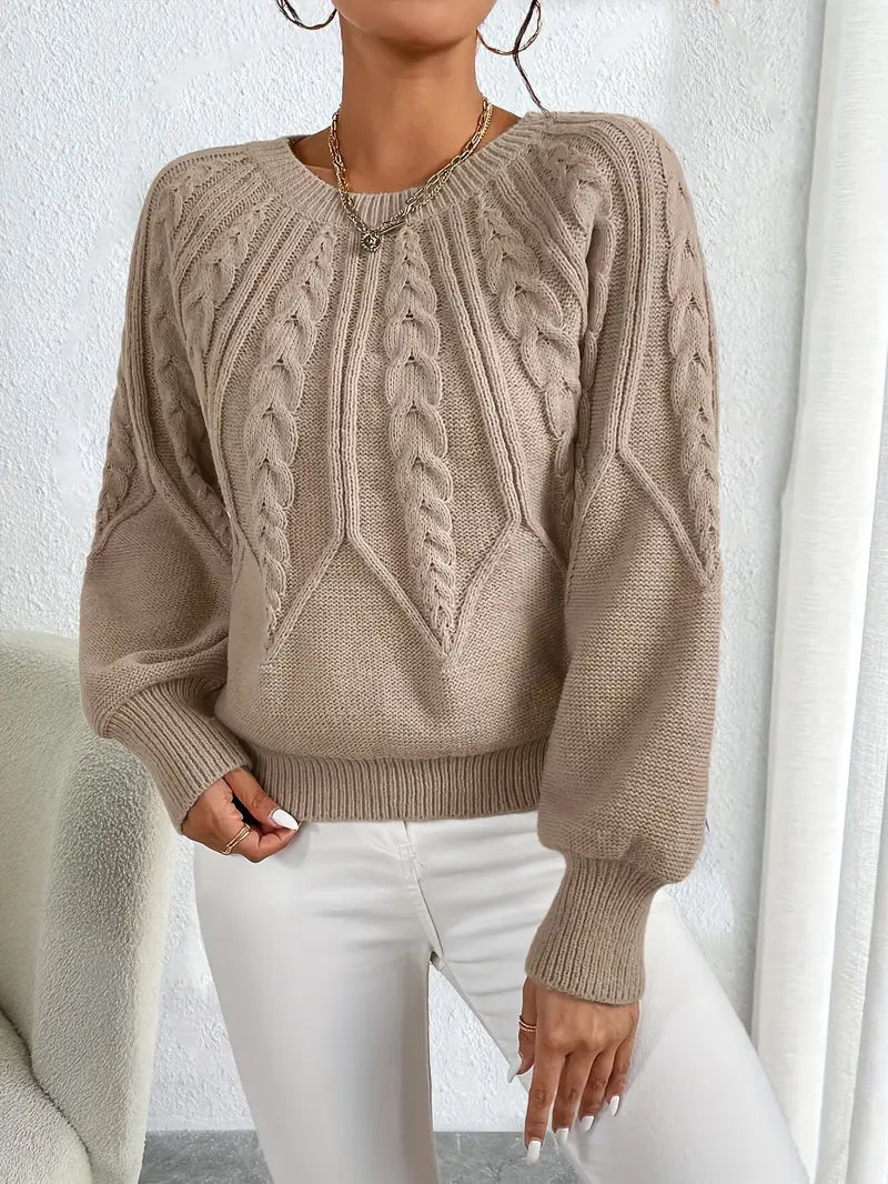 Zopfmuster-Pullover mit Rundhals, Farbe: Khaki, Ansicht 3