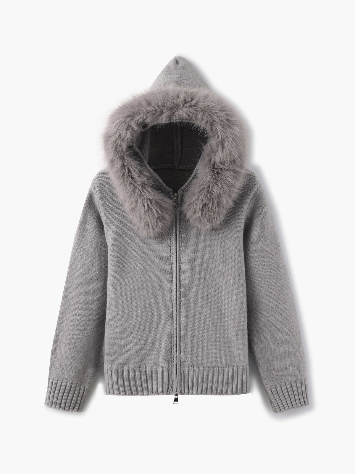 Strickjacke mit Kapuze und Kunstpelzbesatz, Farbe: Grau, Ansicht 1