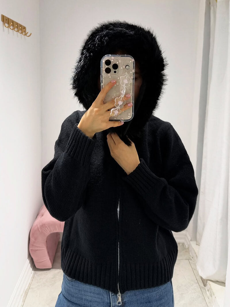 Strickjacke mit Kapuze und Kunstpelzbesatz, Farbe: Grau, Ansicht 6