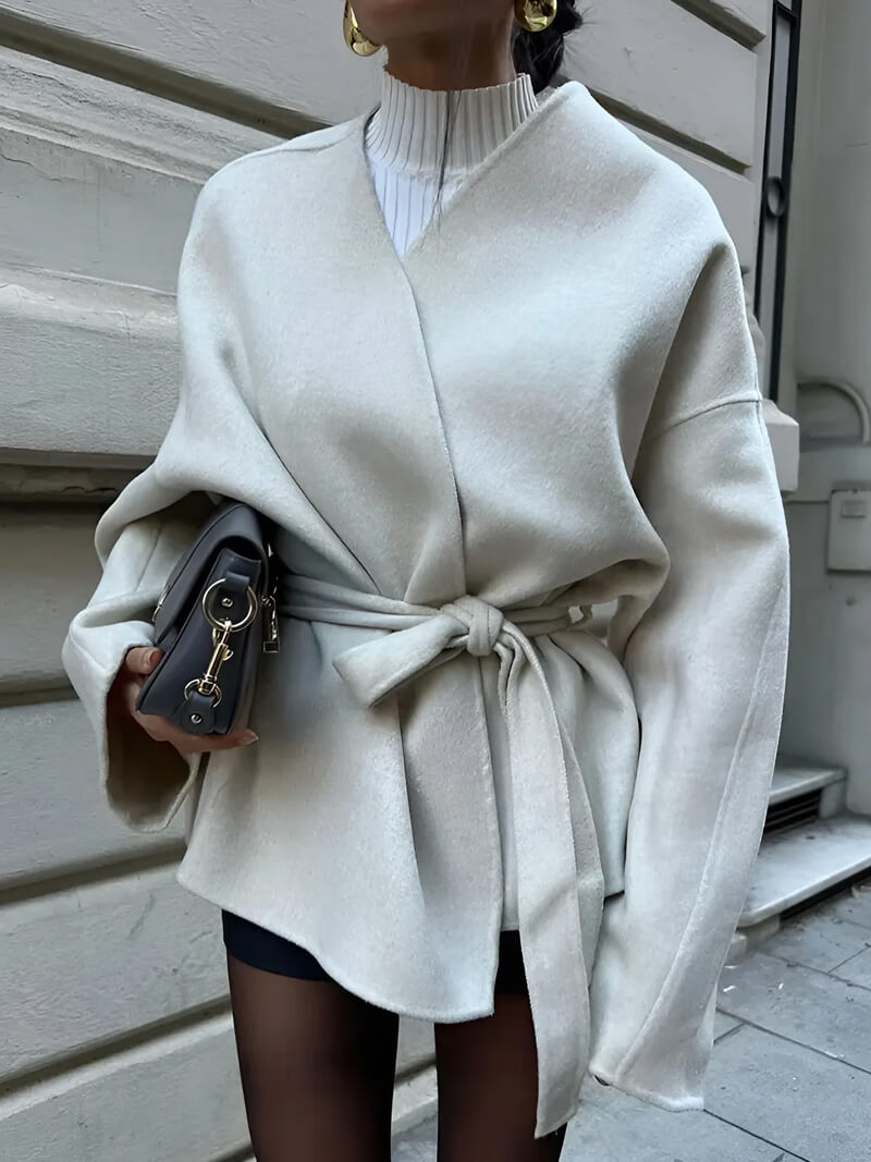 Cardigan mit Bindegürtel und V-Ausschnitt, Farbe: Creme, Ansicht 6