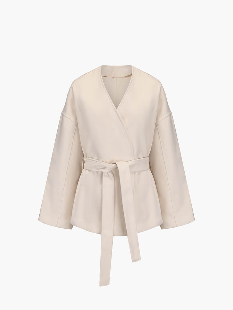 Cardigan mit Bindegürtel und V-Ausschnitt, Farbe: Creme, Ansicht 1