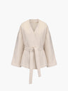Cardigan mit Bindegürtel und V-Ausschnitt, Farbe: Creme, Ansicht 1
