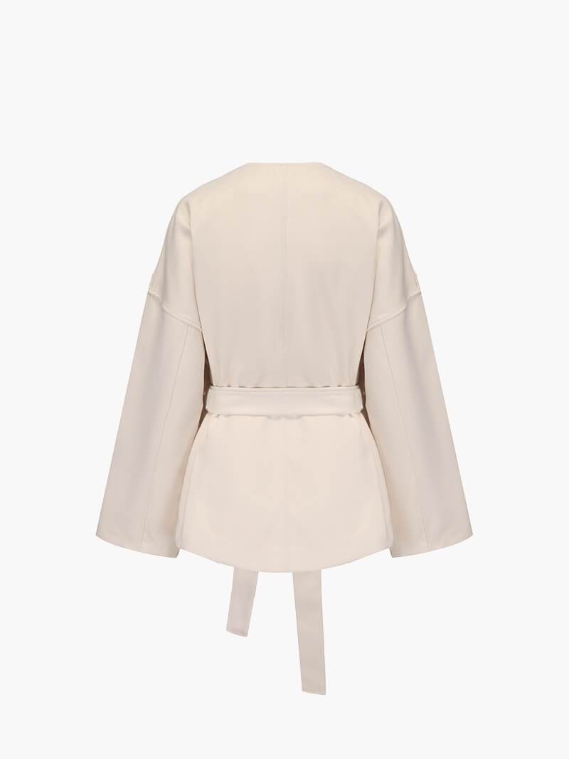 Cardigan mit Bindegürtel und V-Ausschnitt, Farbe: Creme, Ansicht 2