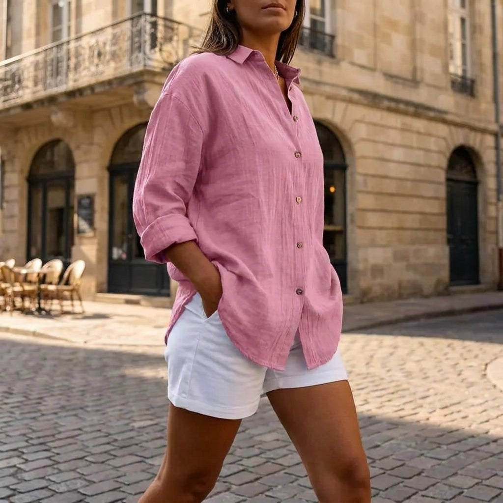Bluse in Leinenoptik mit Umlegekragen, Farbe: Beige, Ansicht 2
