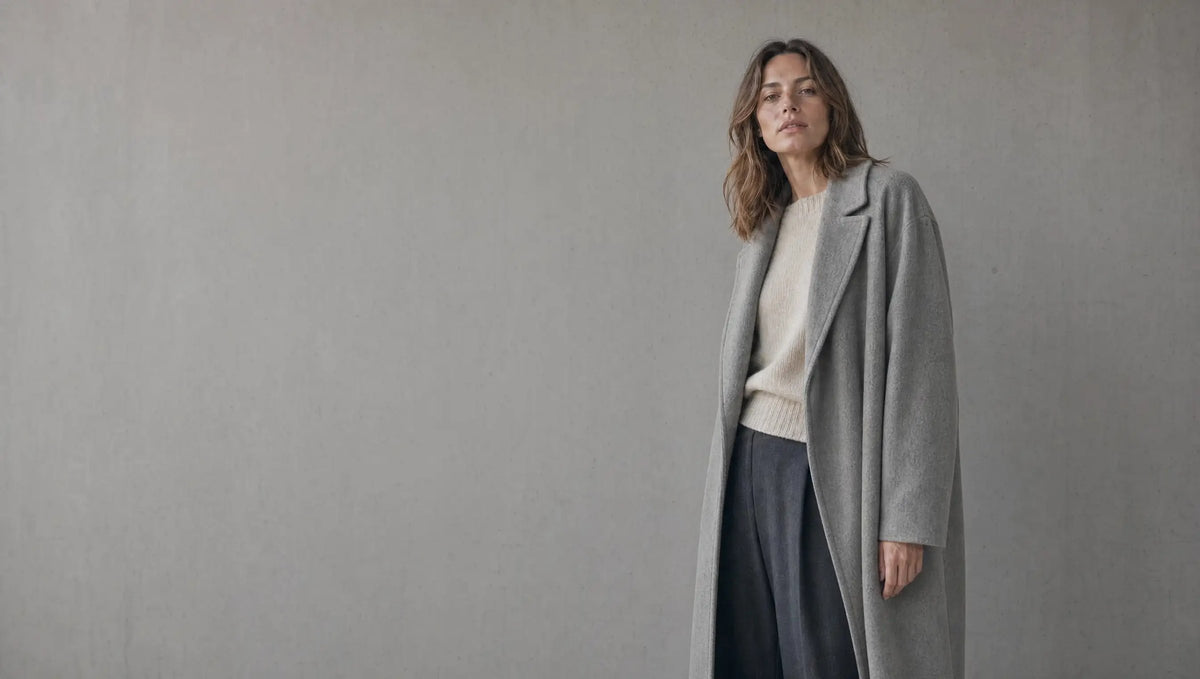 Frau in grauem Wollmantel über cremefarbenem Strickpullover vor heller Betonwand